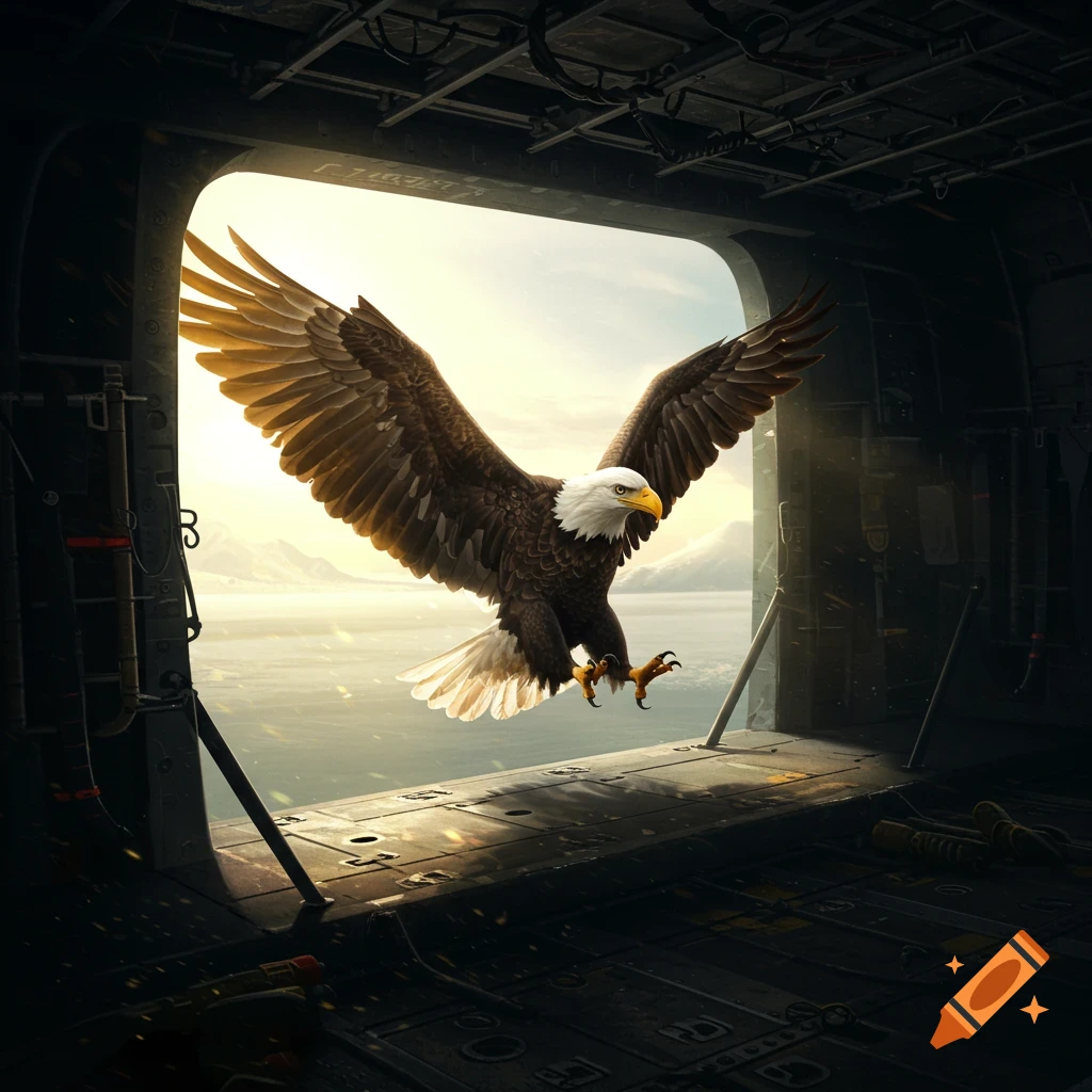 A bald eagle flies out of the open back of a helicopter over a sunlit arctic landscape.