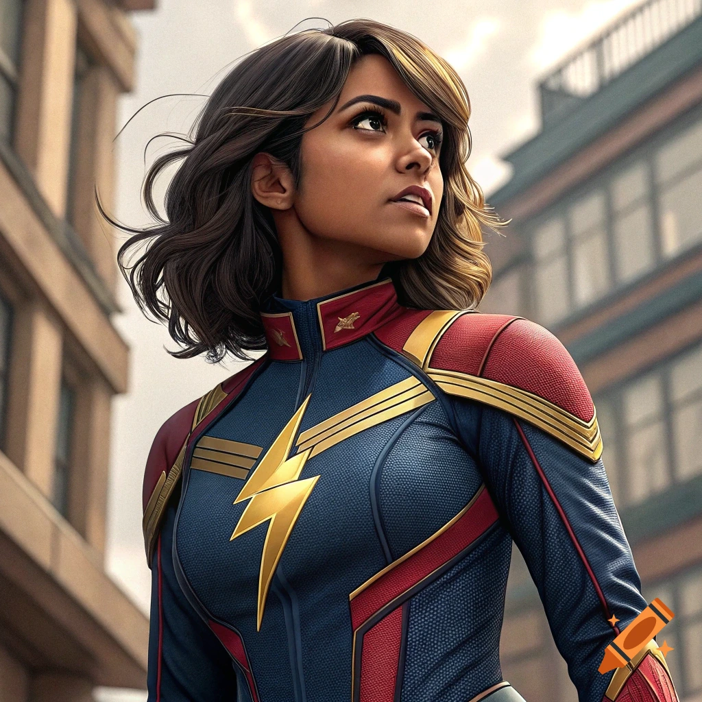 Portrait of a woman in a superhero costume looking up in an urban setting.