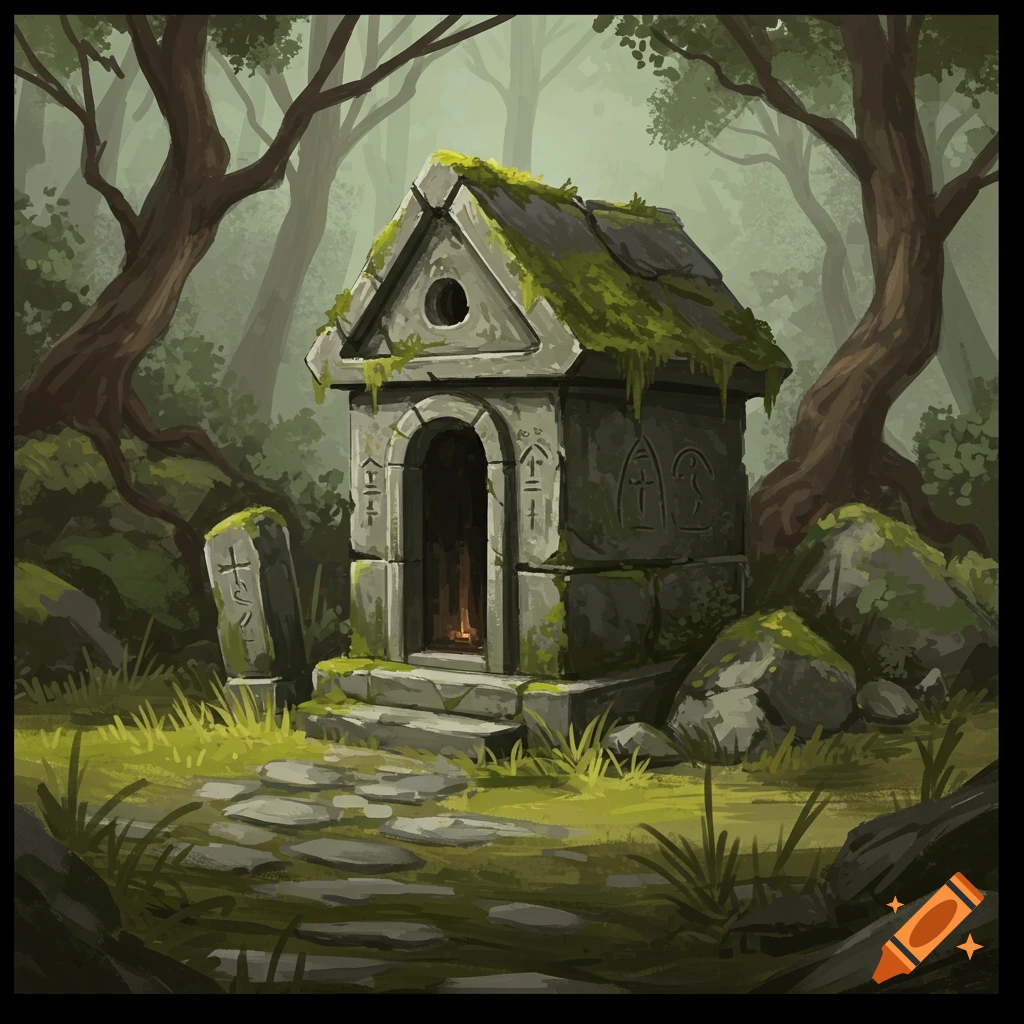 A mossy stone shrine with carvings in a forest clearing.