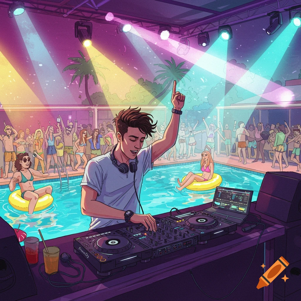 A DJ playing music at a vibrant pool party with people dancing and swimming.