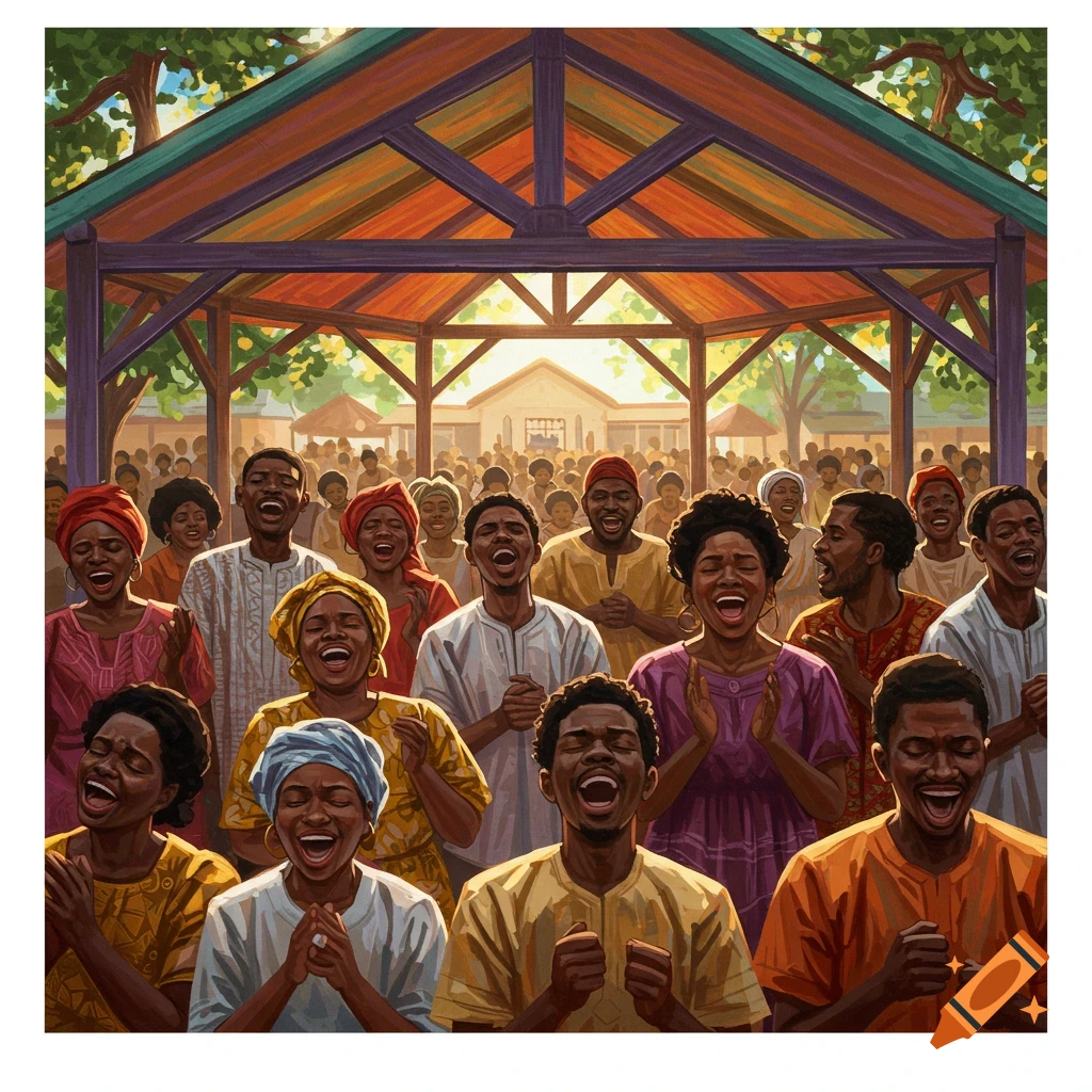 A large group of Black people singing enthusiastically under a pavilion.