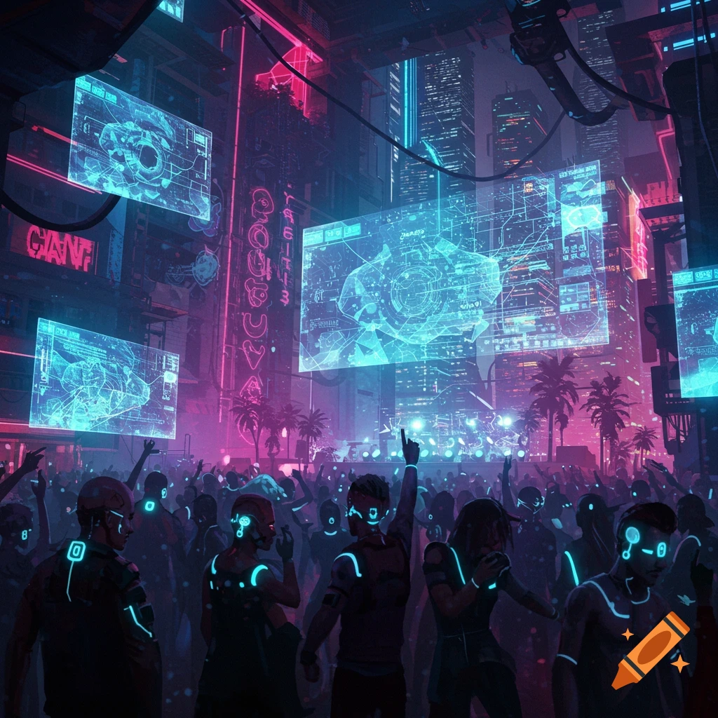 A crowd celebrating at a cyberpunk party in a futuristic city under neon lights and large holographic screens.