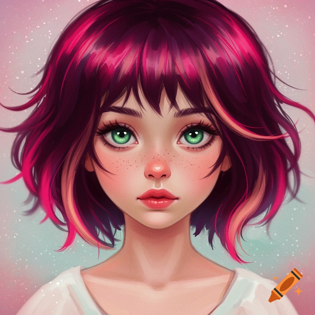 A stylized portrait of a young girl with short magenta hair and green eyes.