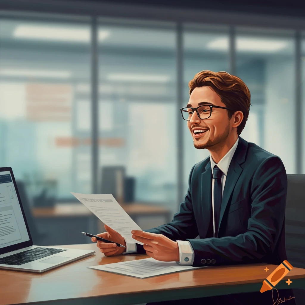A smiling man in a suit is sitting at a desk with papers and a laptop.