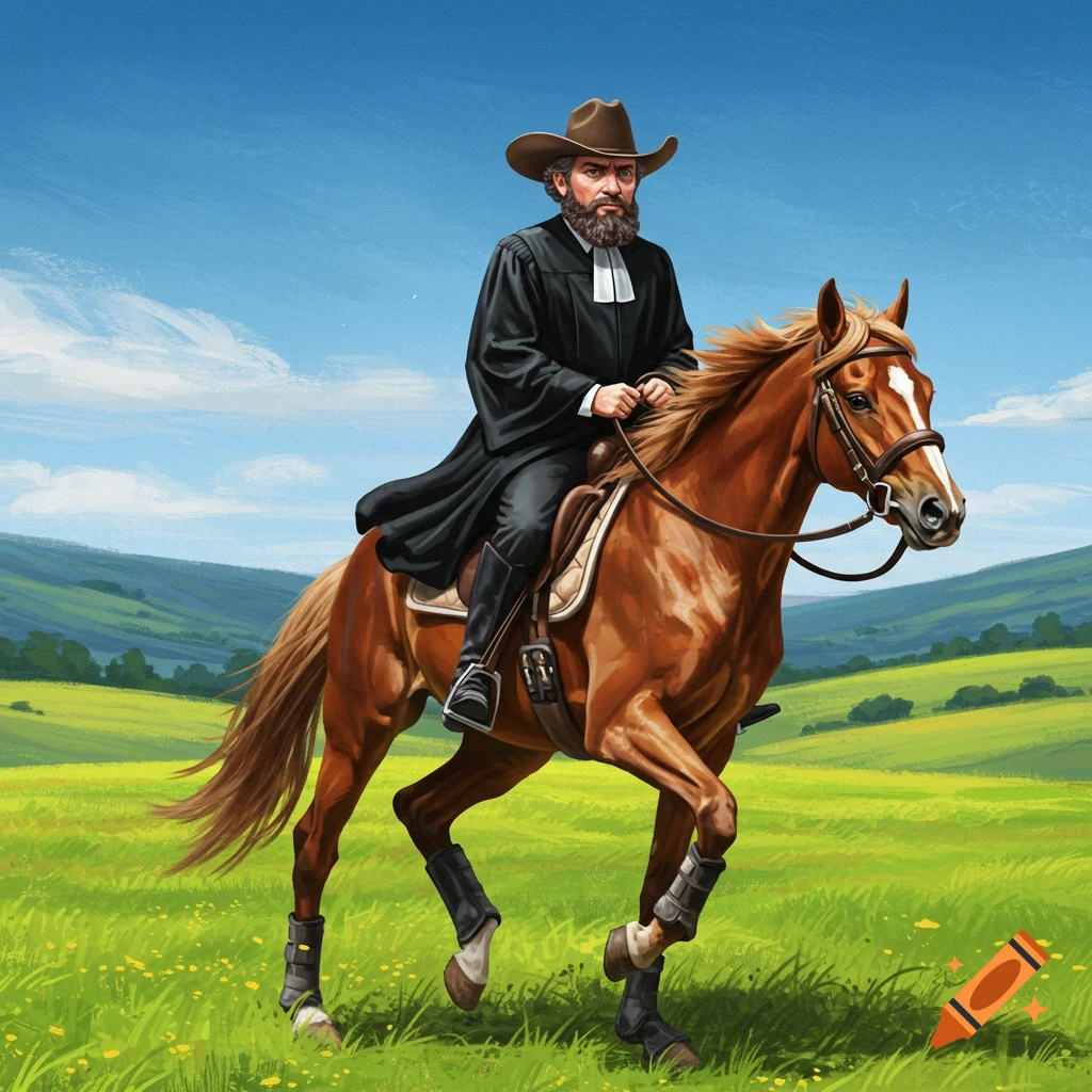 A bearded man in a robe and cowboy hat is riding a horse through a grassy field.