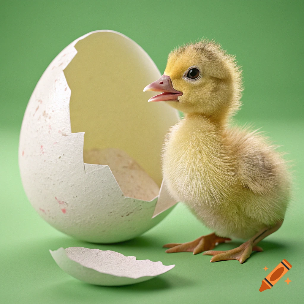 A fluffy yellow baby chick stands next to a cracked eggshell on a green background.