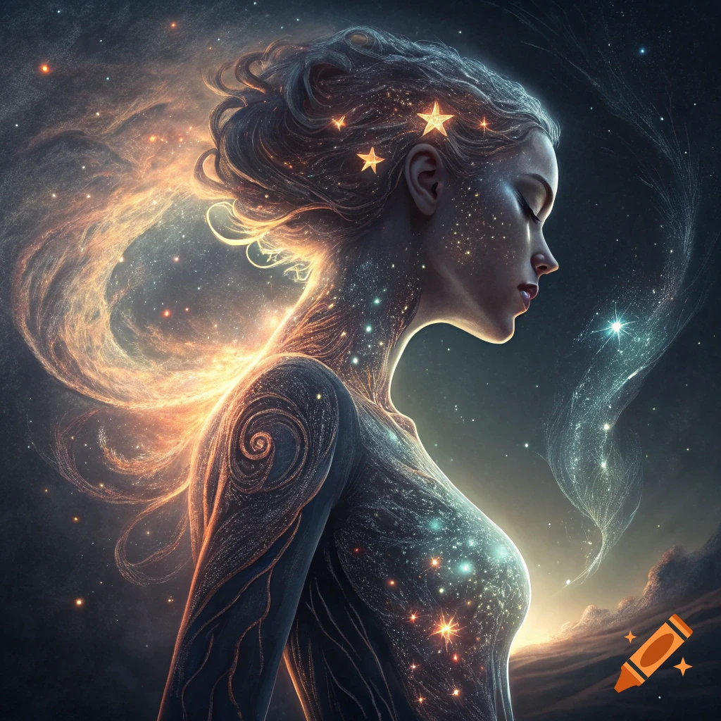 A woman's body dissolves into stars and cosmic energy in space.