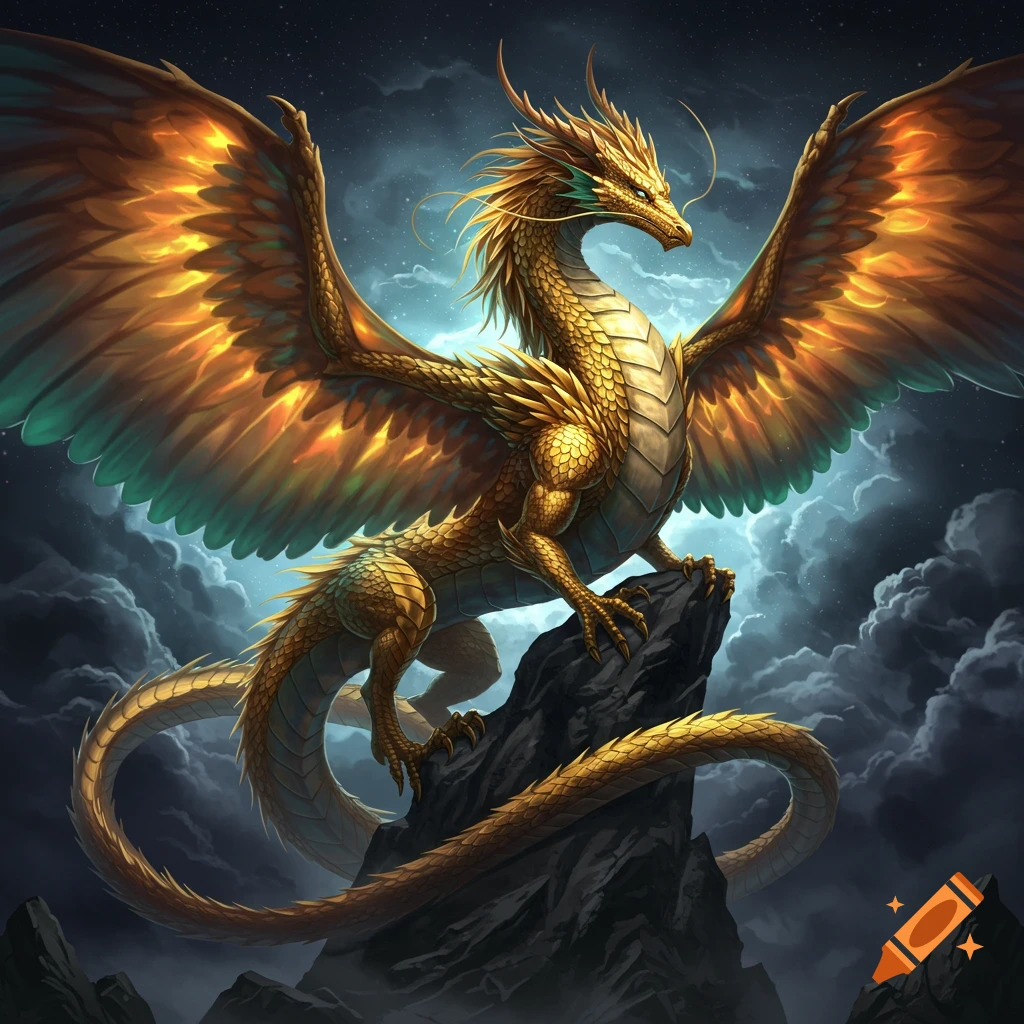 A golden dragon with wings spread sits on a rock under a stormy, starry sky.