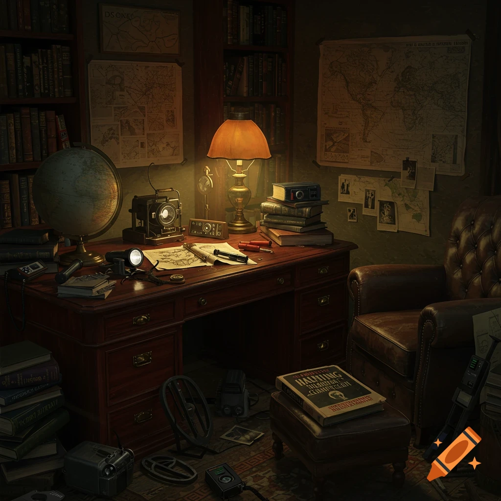A vintage office setting with a desk, globe, maps, books, and ghost hunting equipment.