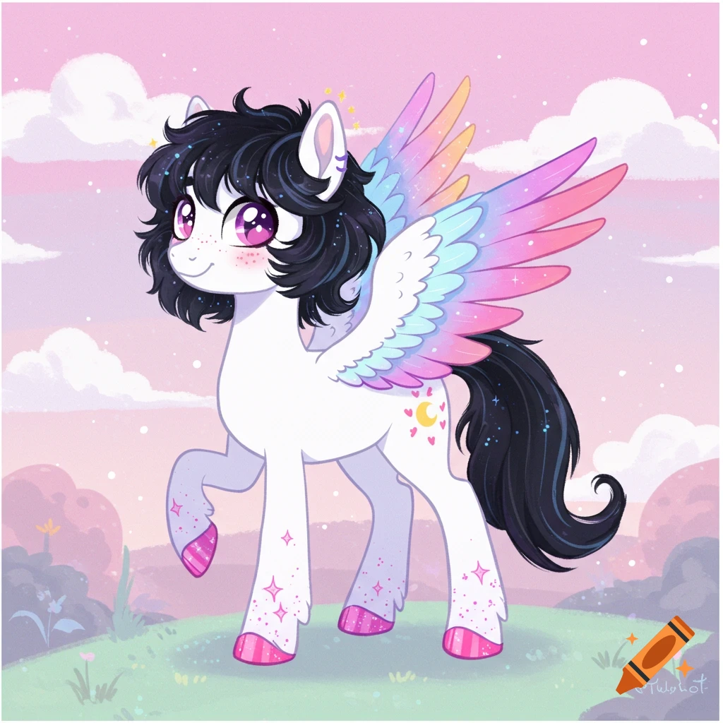 Cartoon illustration of a white pony with black shaggy hair, rainbow wings, and sparkly markings standing in a field under a pink sky.