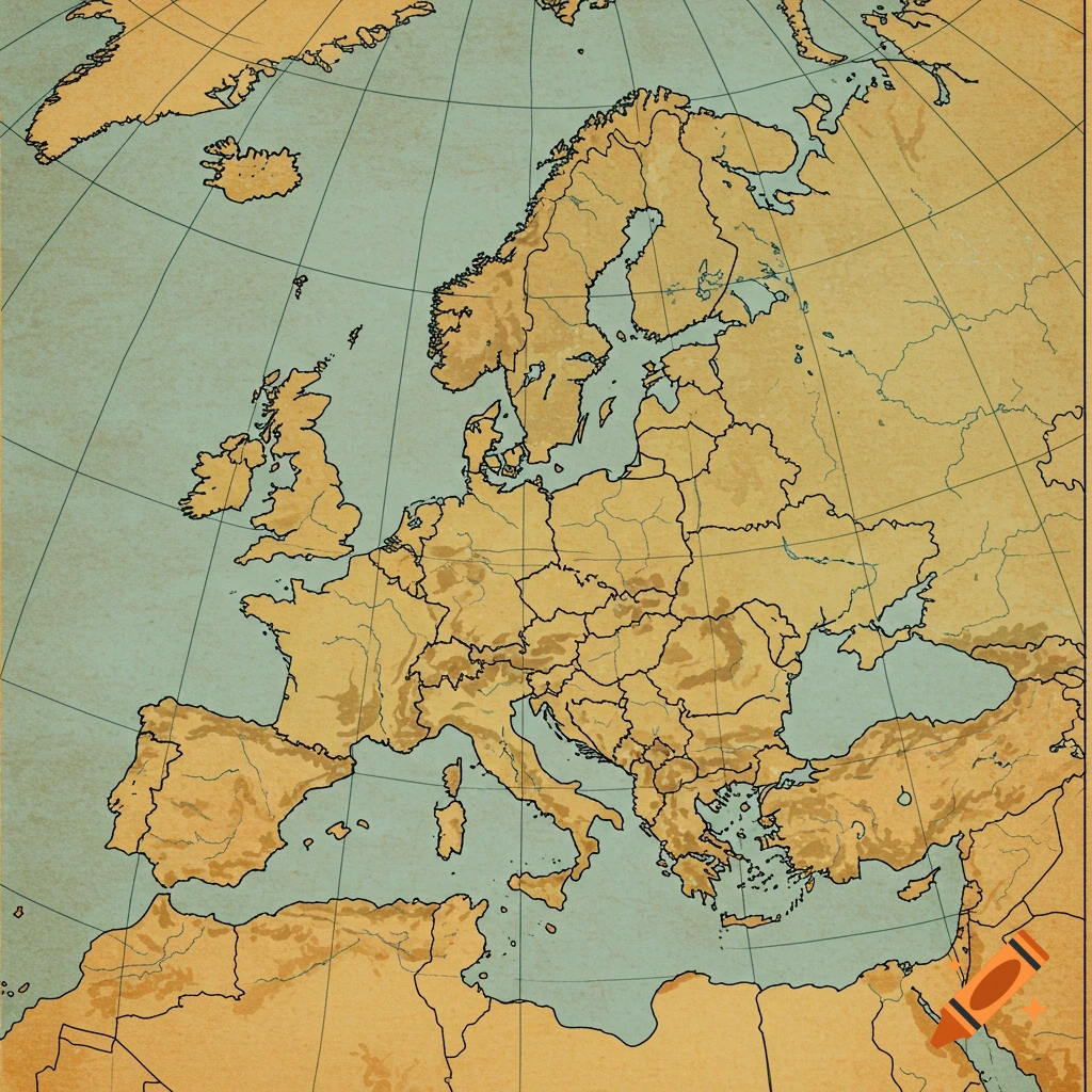 A vintage-style map of Europe