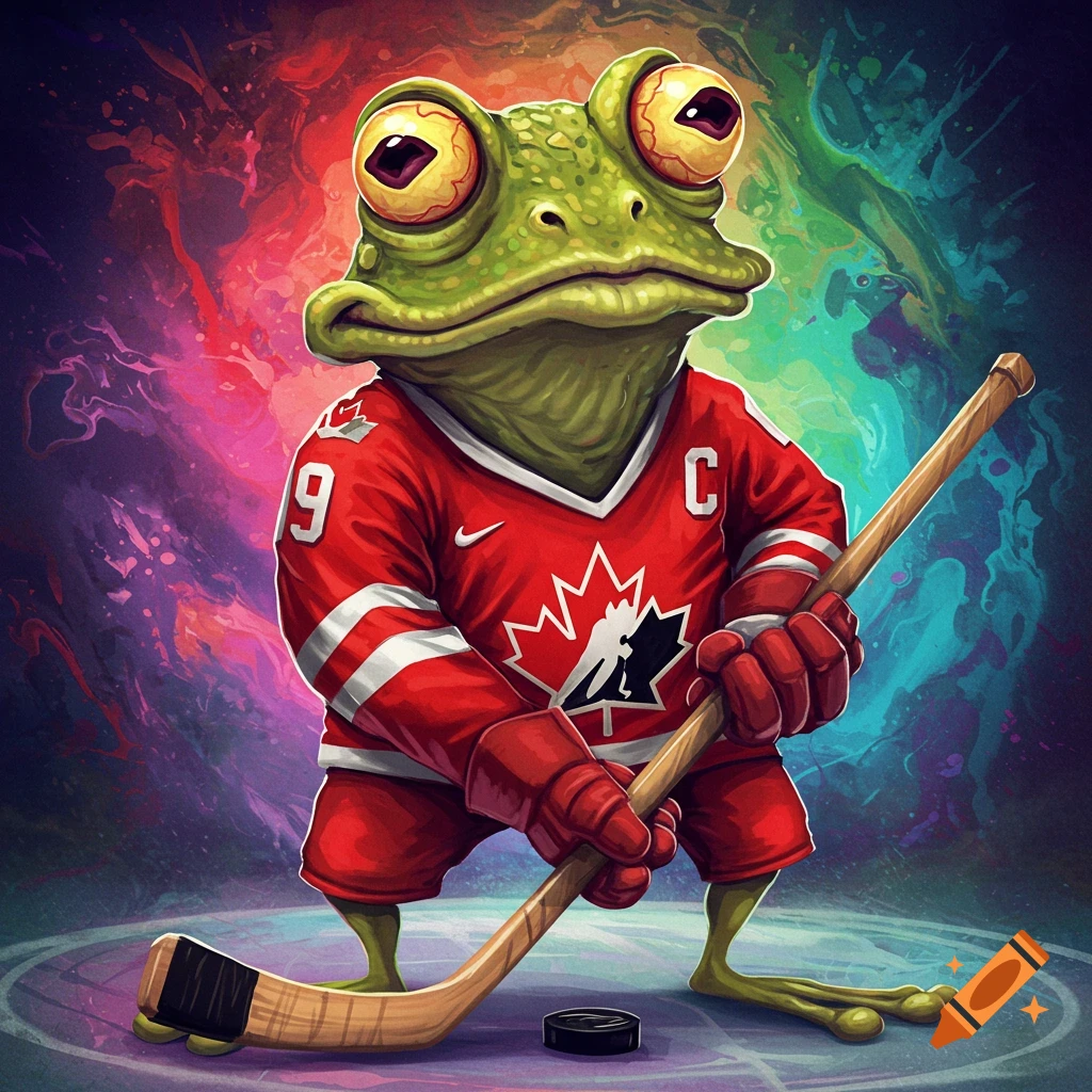 Stylized image of a frog in a red Canadian hockey jersey holding a stick on the ice.