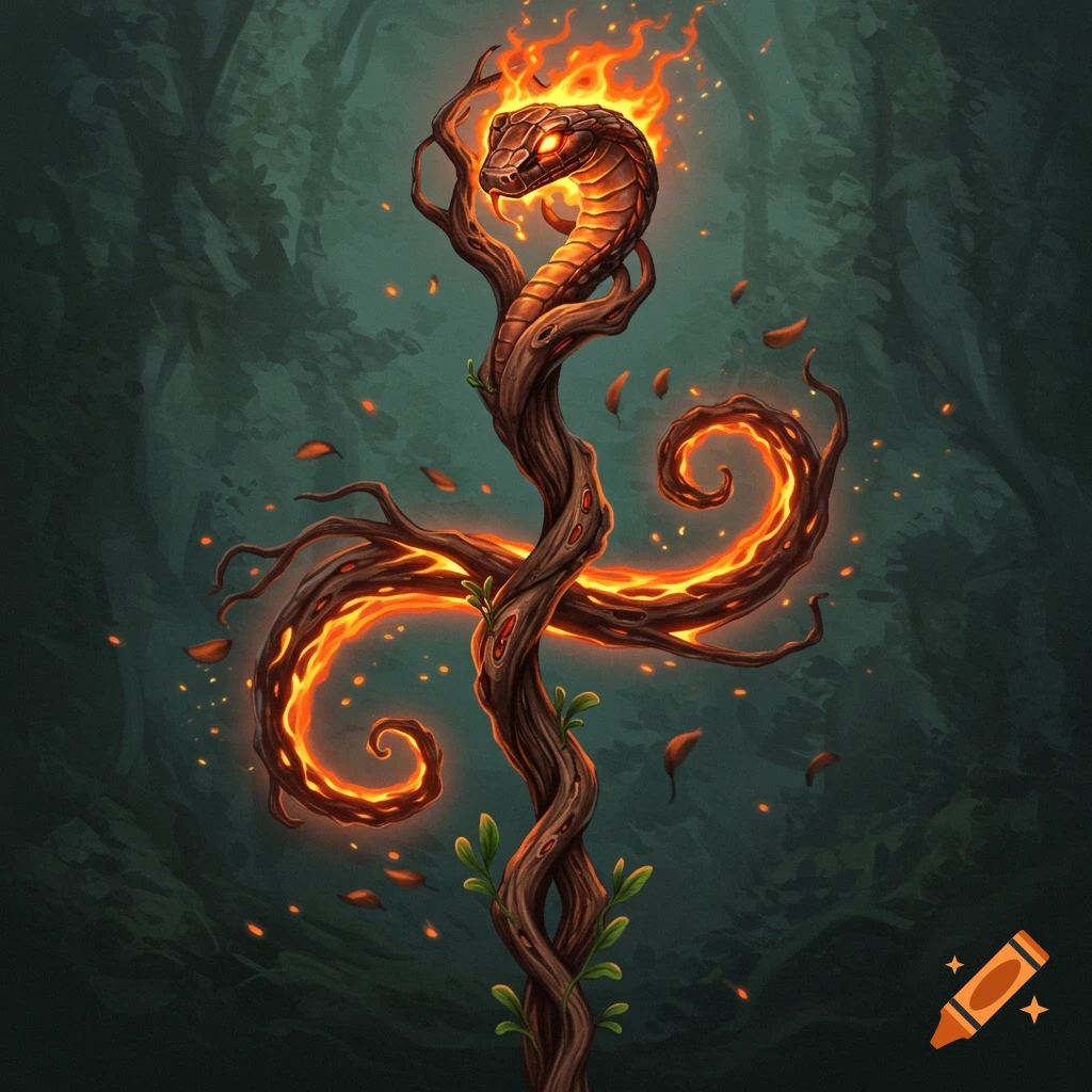 A fiery snake coiled around a staff in a forest.