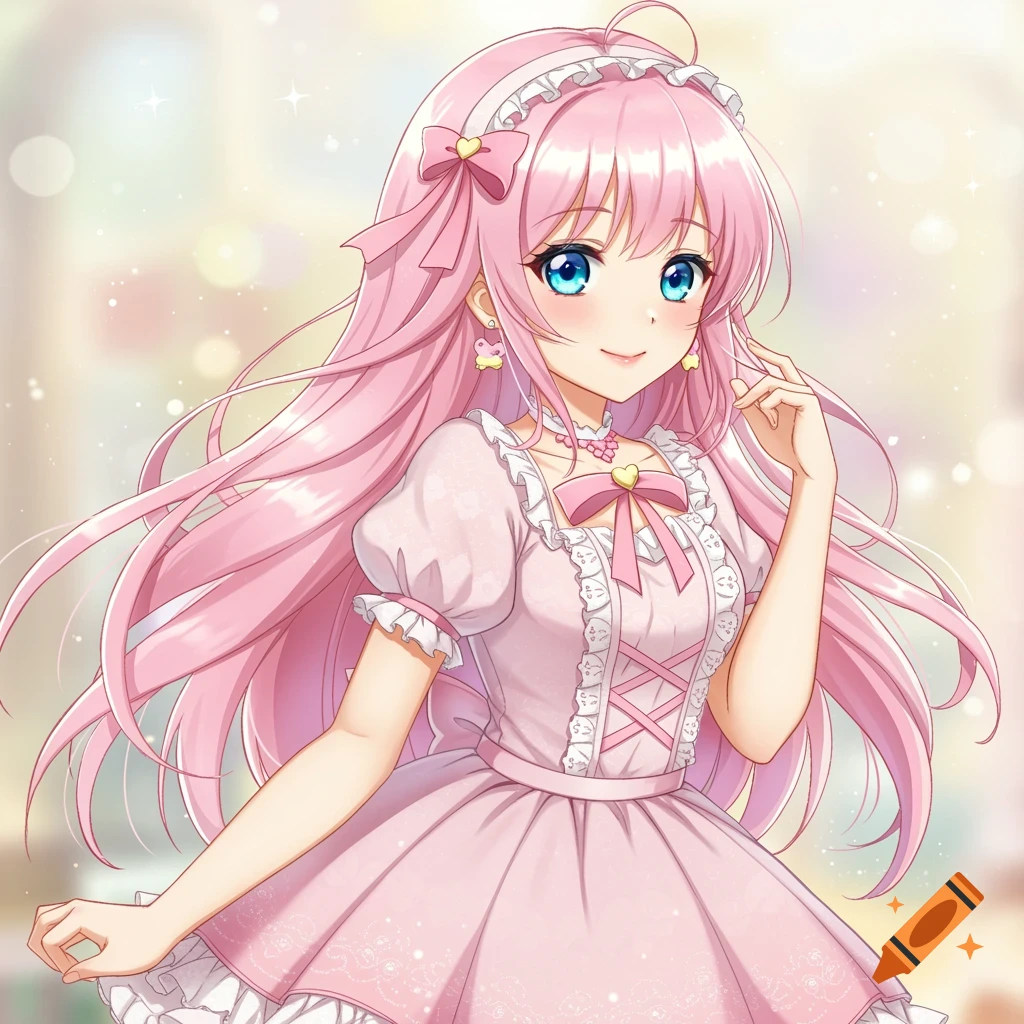 Anime girl with long pink hair and blue eyes wearing a pink dress