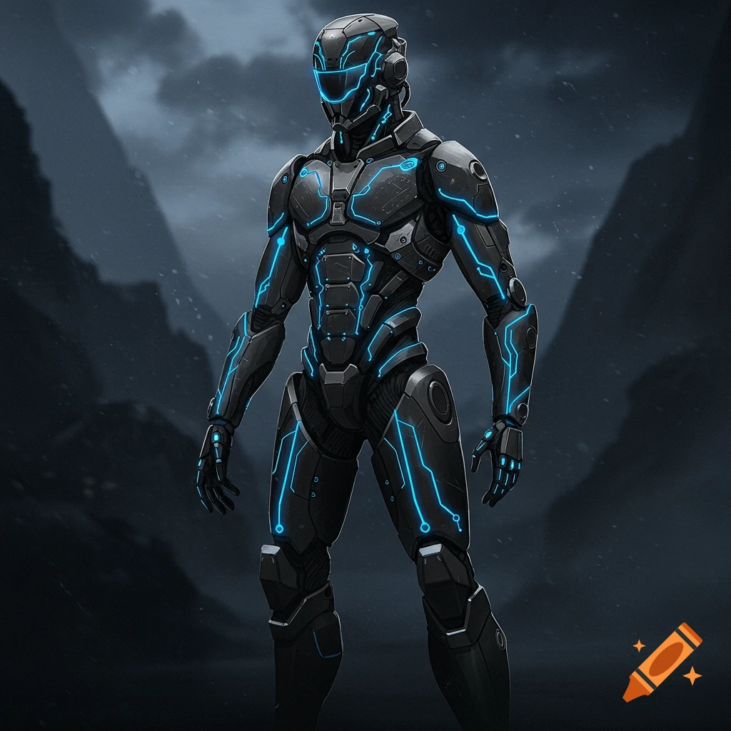 Sleek black futuristic robot with glowing blue lines stands in a dark misty mountain landscape, digital art