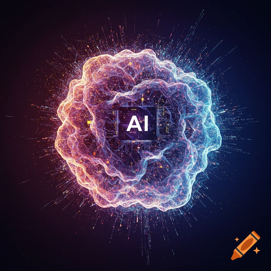 Abstract image of a glowing, intricate structure with 'AI' on a central chip.