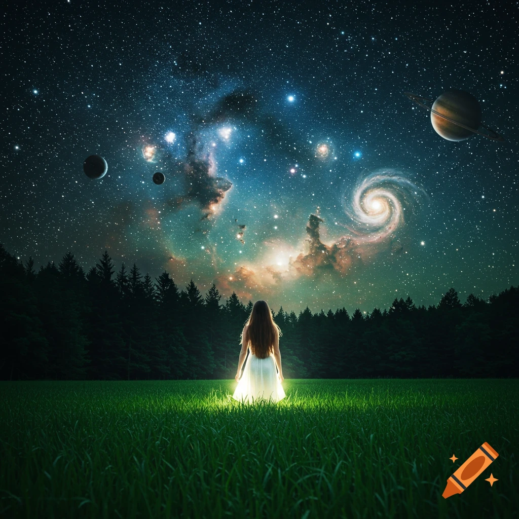 Person stands in a grassy field looking up at a stunning night sky filled with stars, planets, and galaxies.