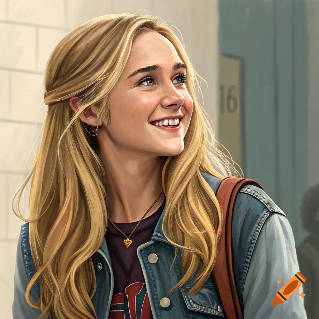 A young woman with long blonde hair smiles, wearing a denim vest and backpack.