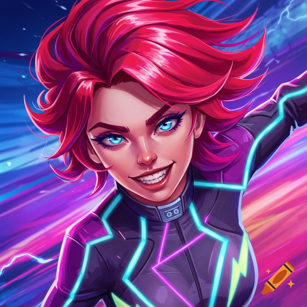 A character with vibrant pink hair, blue eyes, and a futuristic suit with neon lightning.