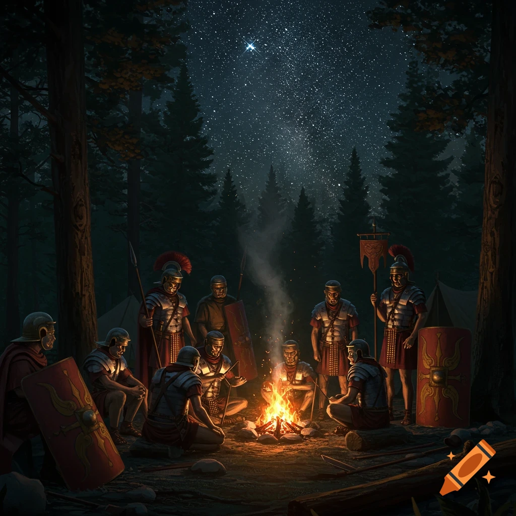 Roman soldiers gathered around a campfire in a forest under a starry night sky.