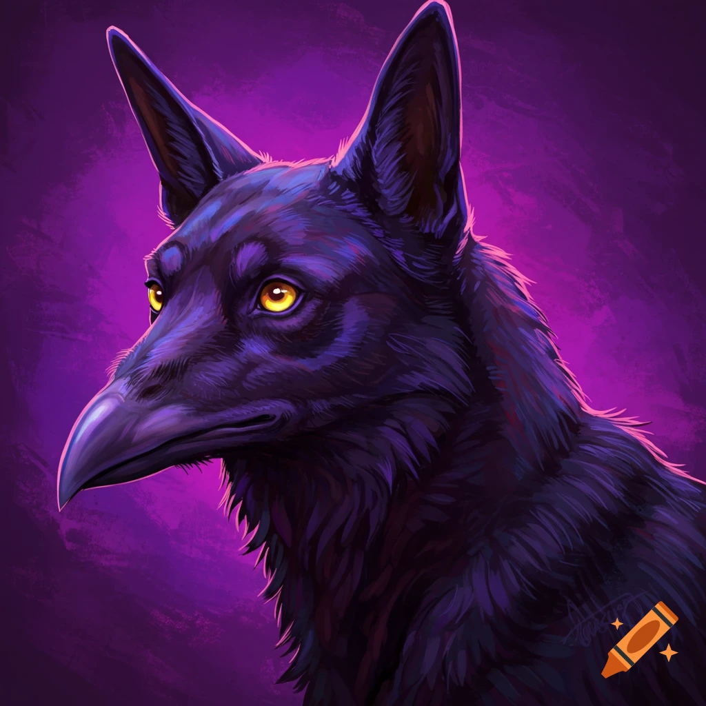 a black dog with a raven's face and glowing yellow eyes against a purple background
