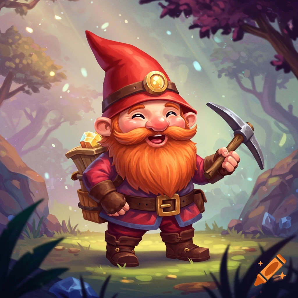 A cute dwarf with a pickaxe and basket of gems in a forest.