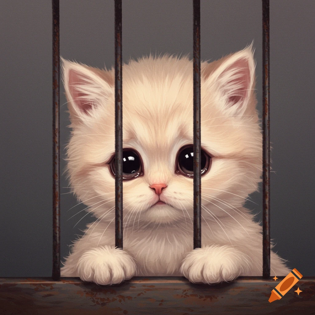 A sad, cute kitten is looking through metal bars.