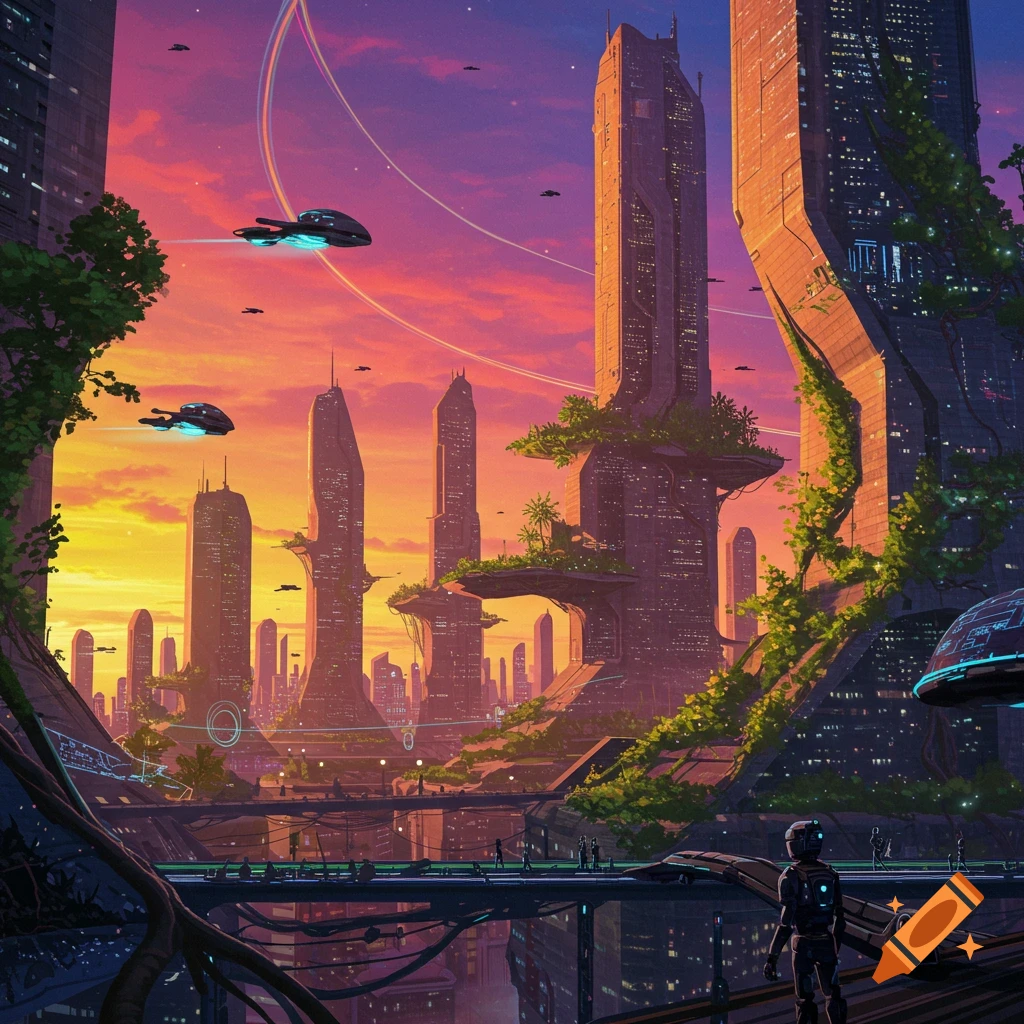 Futuristic city at sunset with tall buildings, flying vehicles, and people