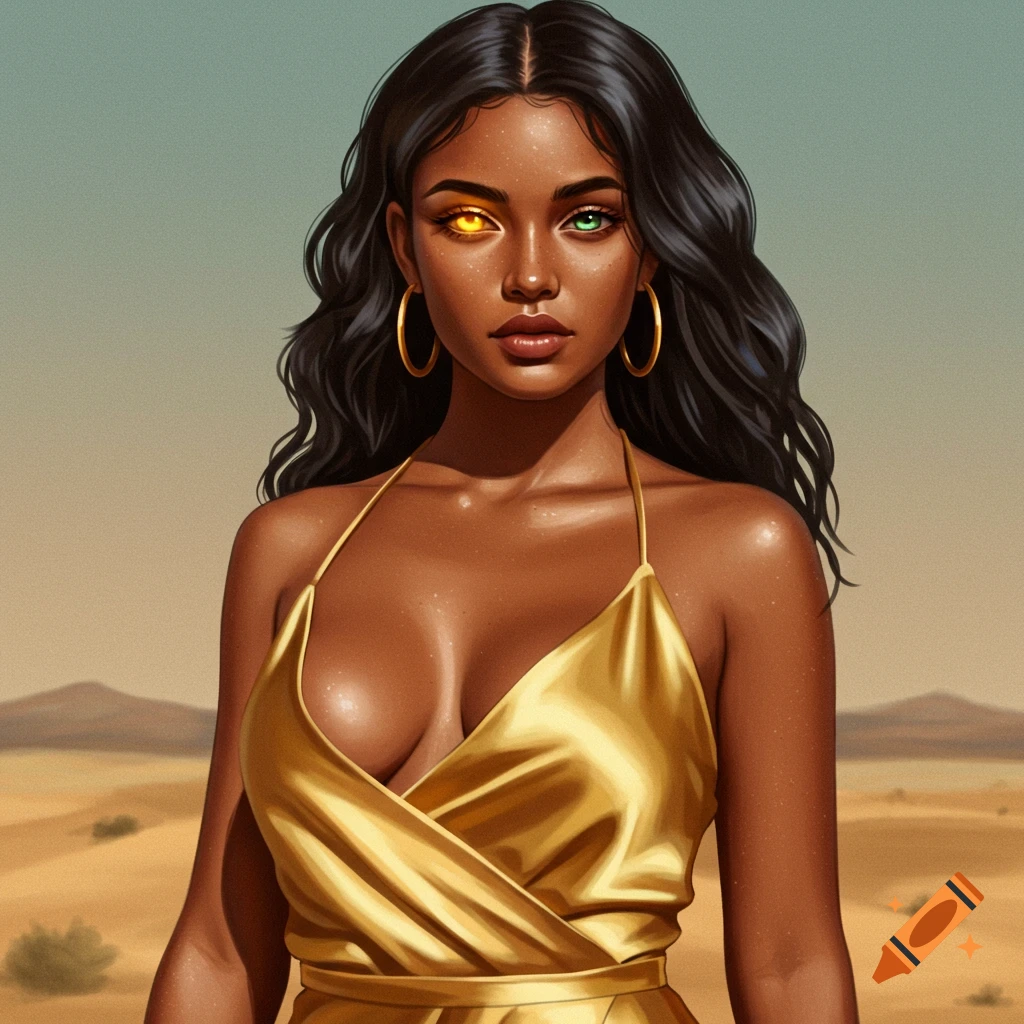 A woman with heterochromatic eyes in a gold dress in a desert.