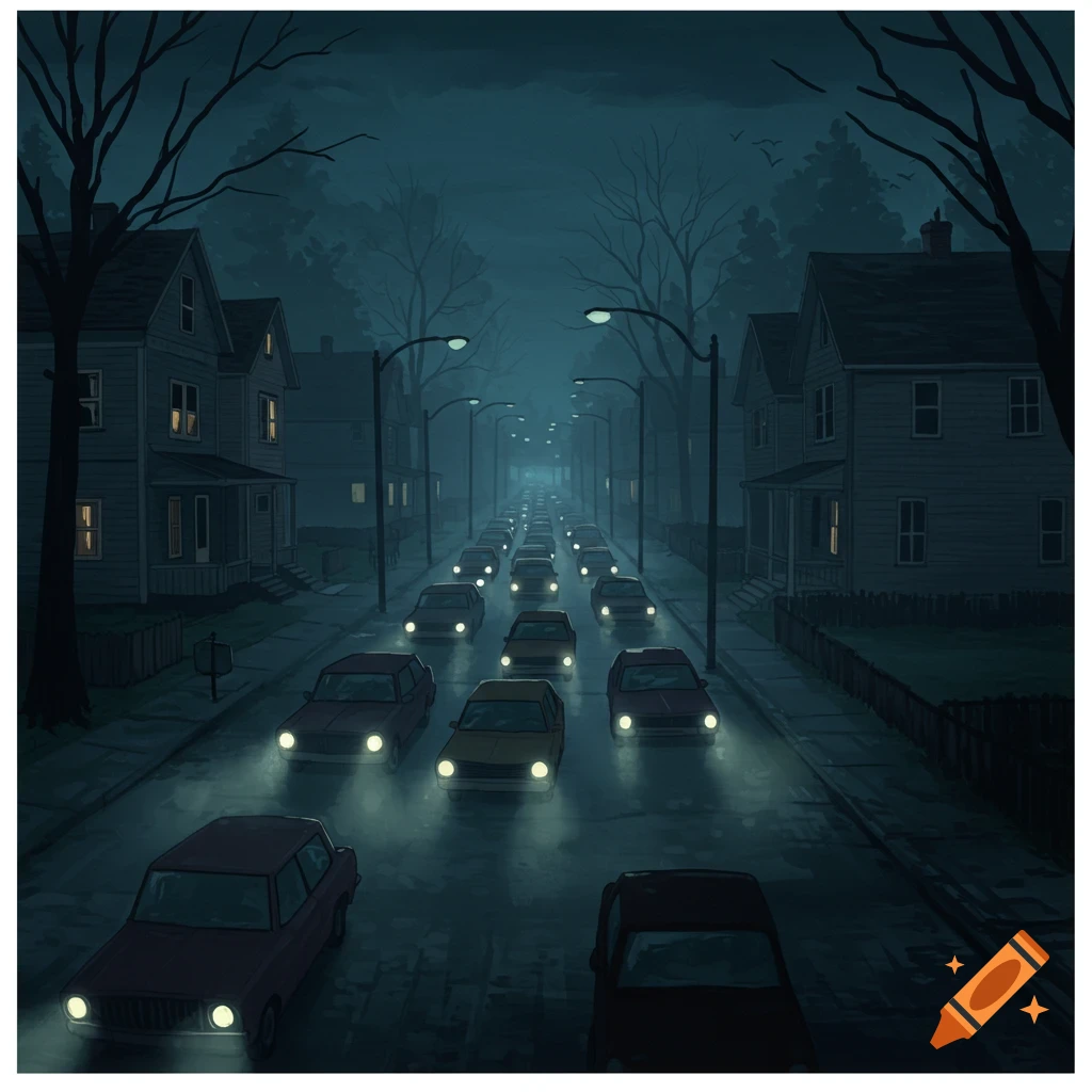 A suburban street at night with many cars in traffic.