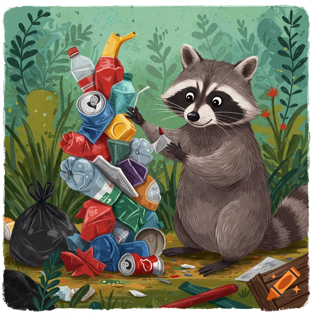 A raccoon sorting through a large pile of trash in a forest setting.