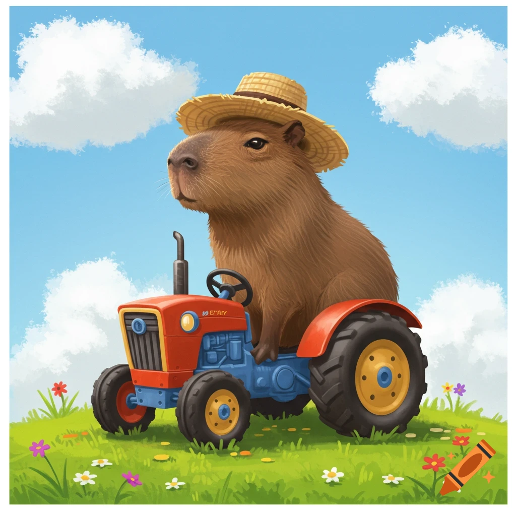 A capybara in a straw hat is driving a red and blue tractor through a grassy field with flowers.