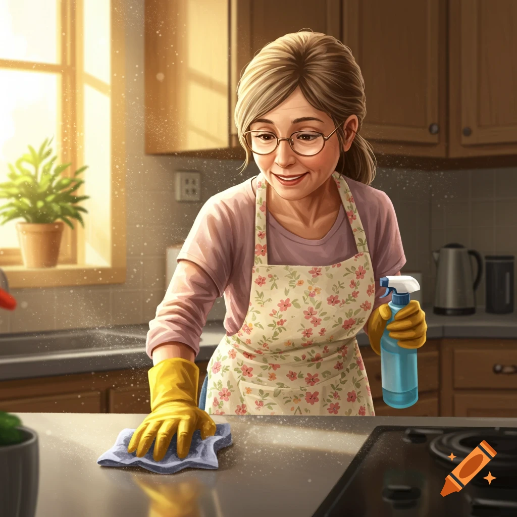 A woman in an apron and gloves cleaning a kitchen counter.