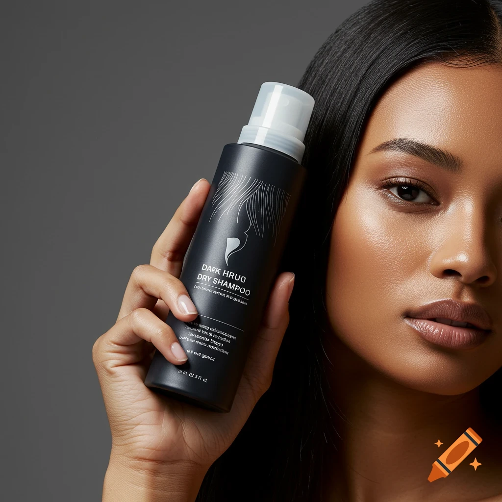 A woman holds a black bottle of dry shampoo