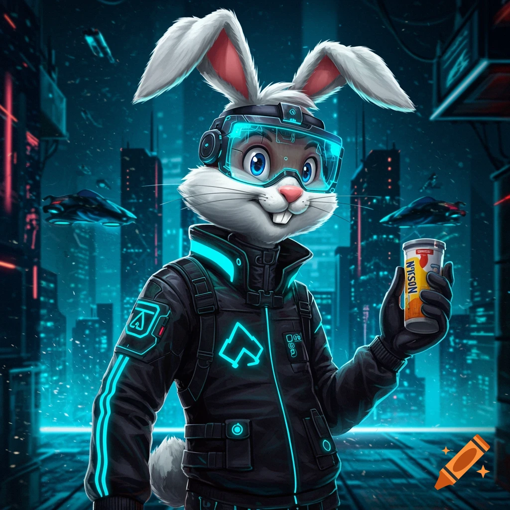 Cartoon cybernetic bunny holds a can in a futuristic city.