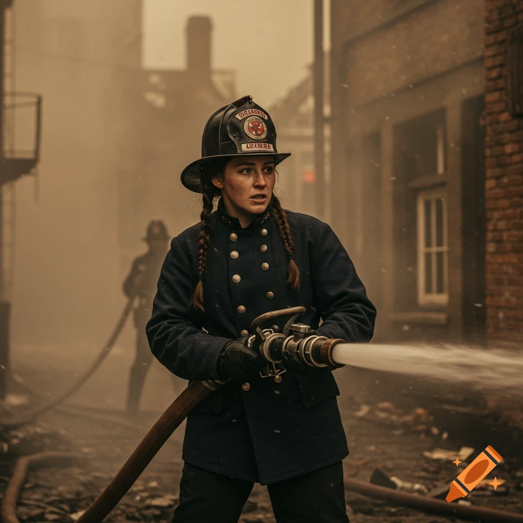 A 1900s female firefighter in uniform holds a hose in a smoky street scene.