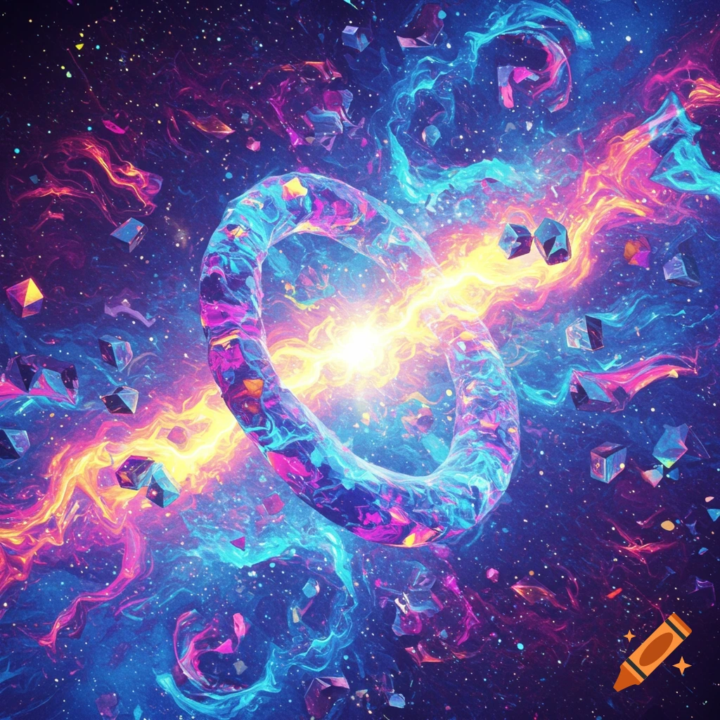 Psychedelic abstract ring and geometric shapes in a colorful cosmic background.