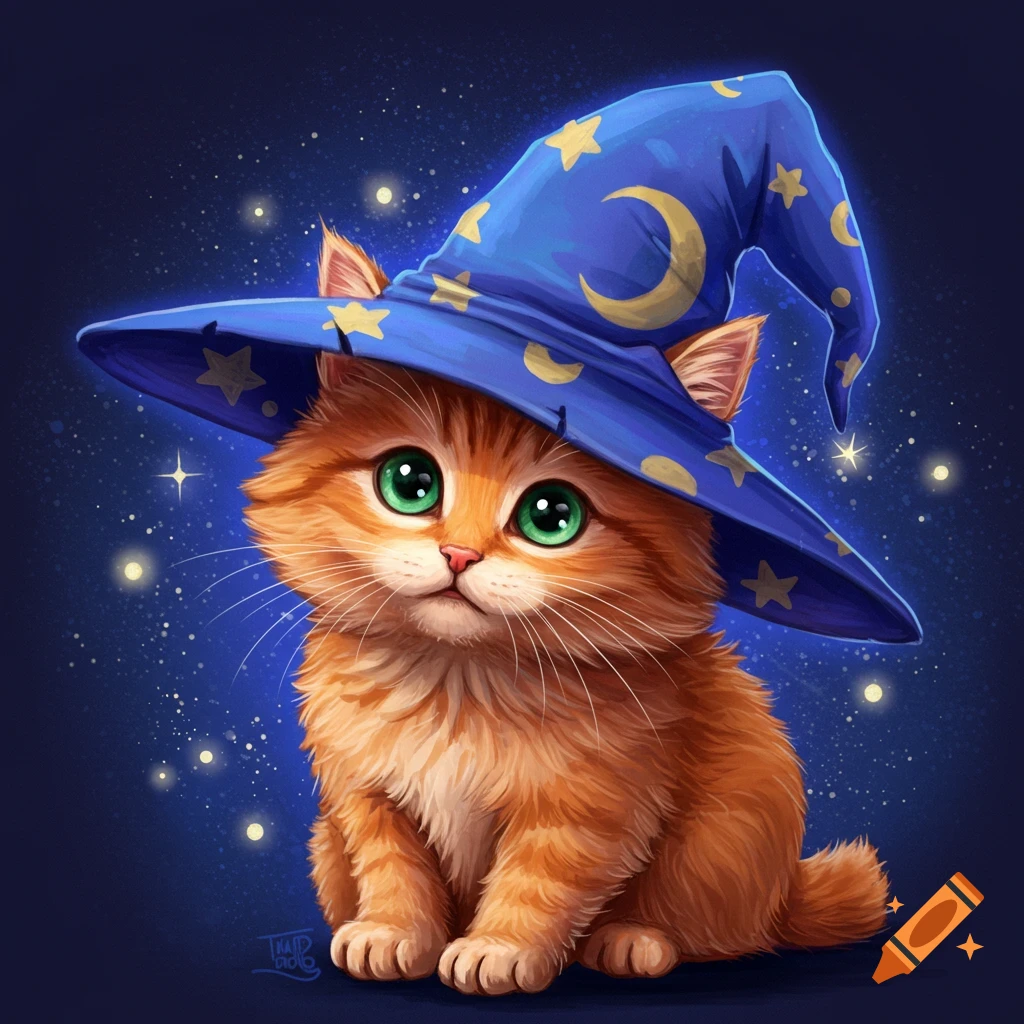 Cute furry kitten in a blue wizard hat under a starry sky