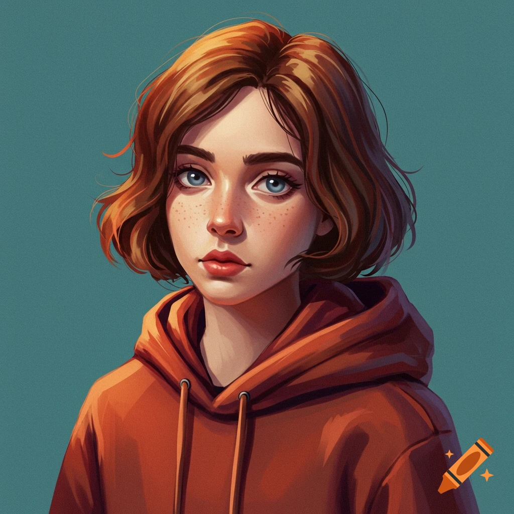 A portrait of a young woman with freckles wearing an orange hoodie.