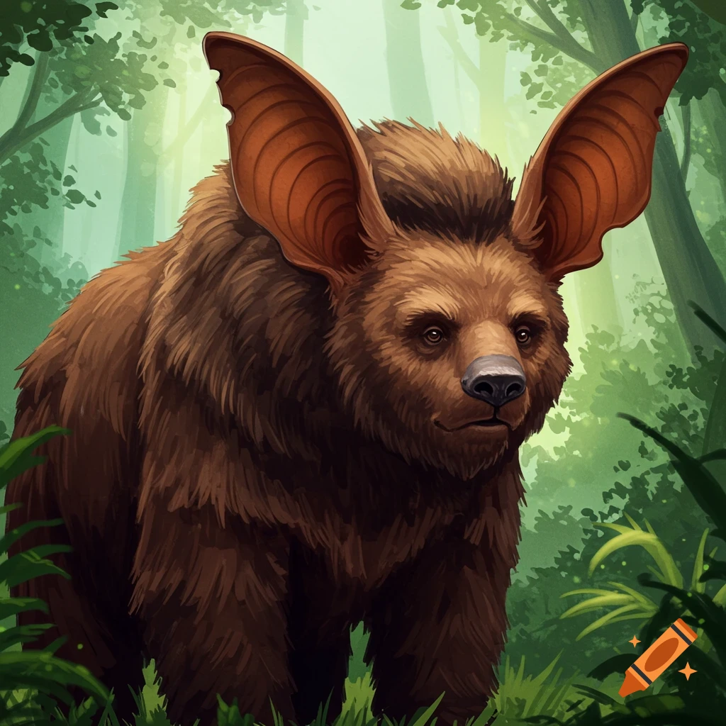 A furry animal with large bat ears is in a forest.