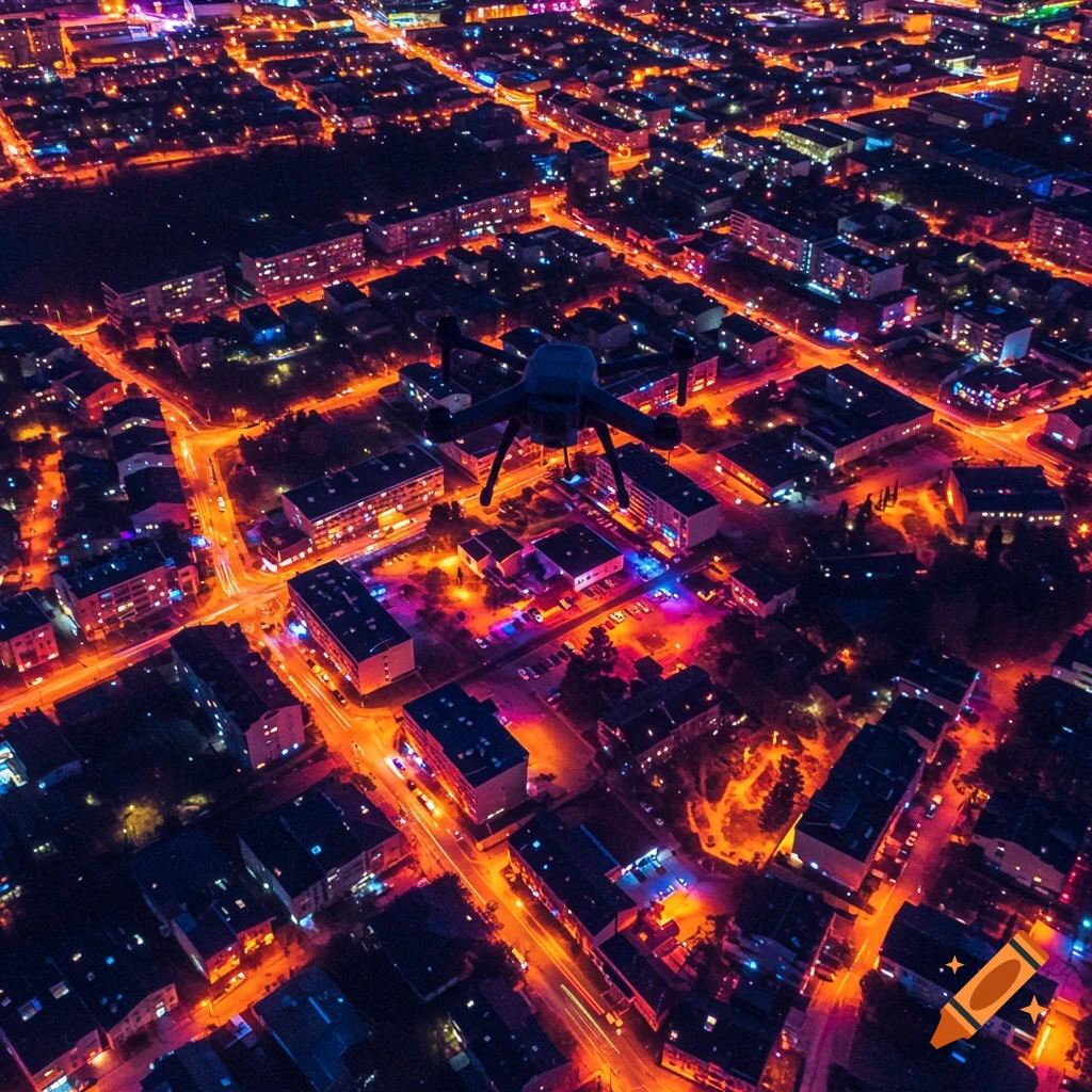 Aerial view of a city at night with vibrant orange and blue lights, and a drone flying in the foreground.