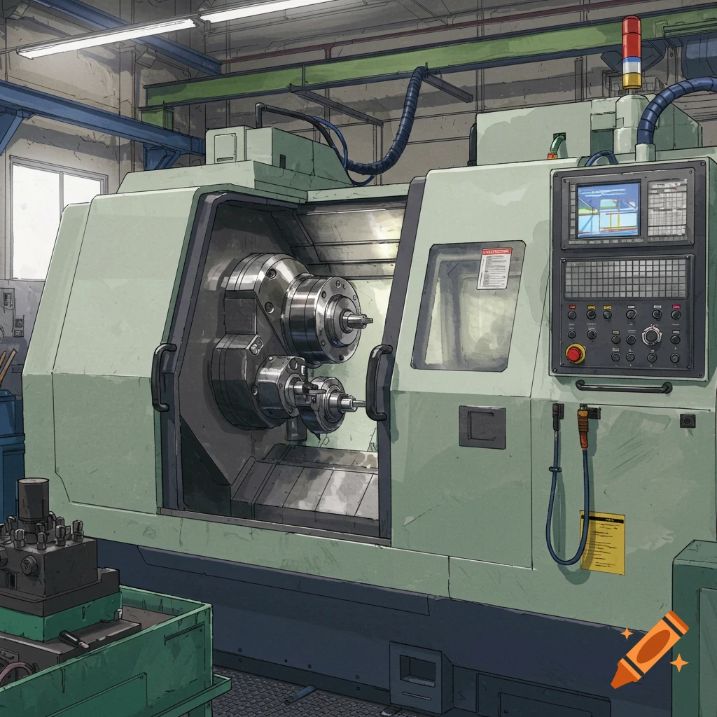 A large green multi-spindle machine stands in a workshop.