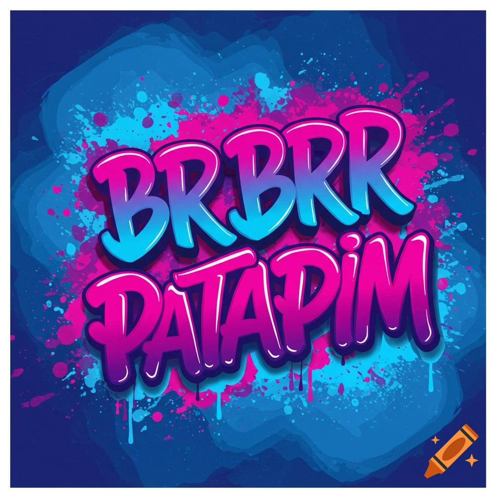 Stylized text 'BRRBRR PATAPIM' in pink and blue over a blue background with paint splashes