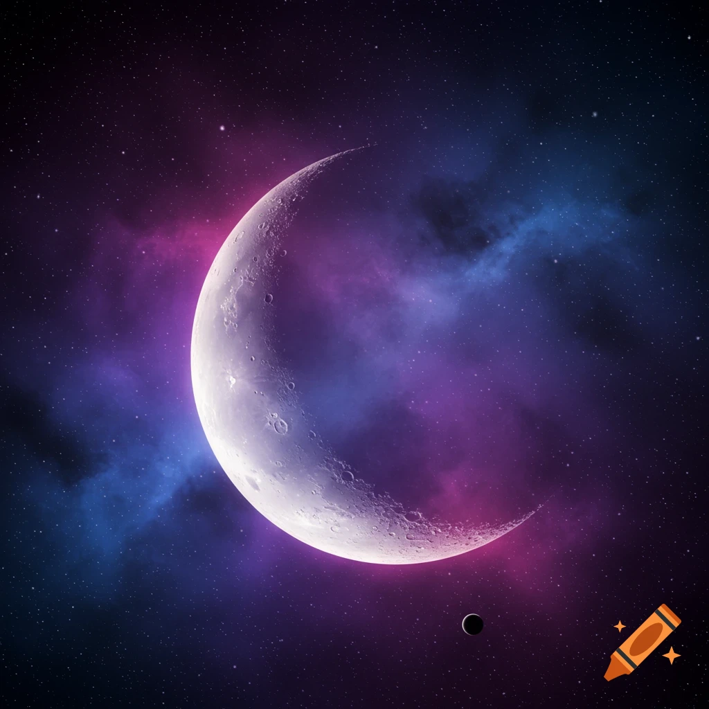 Crescent moon and small planet in space with purple and blue nebulae.