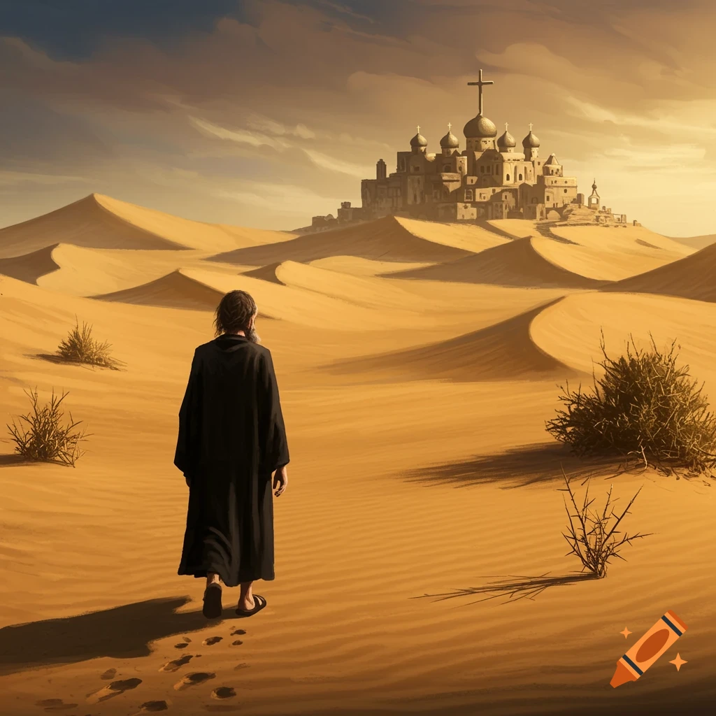 A monk in black walks across sand dunes towards a distant monastery in a painterly style.