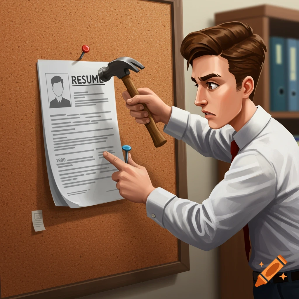 A man is shown in the act of attaching a resume to a corkboard using a hammer and nail.