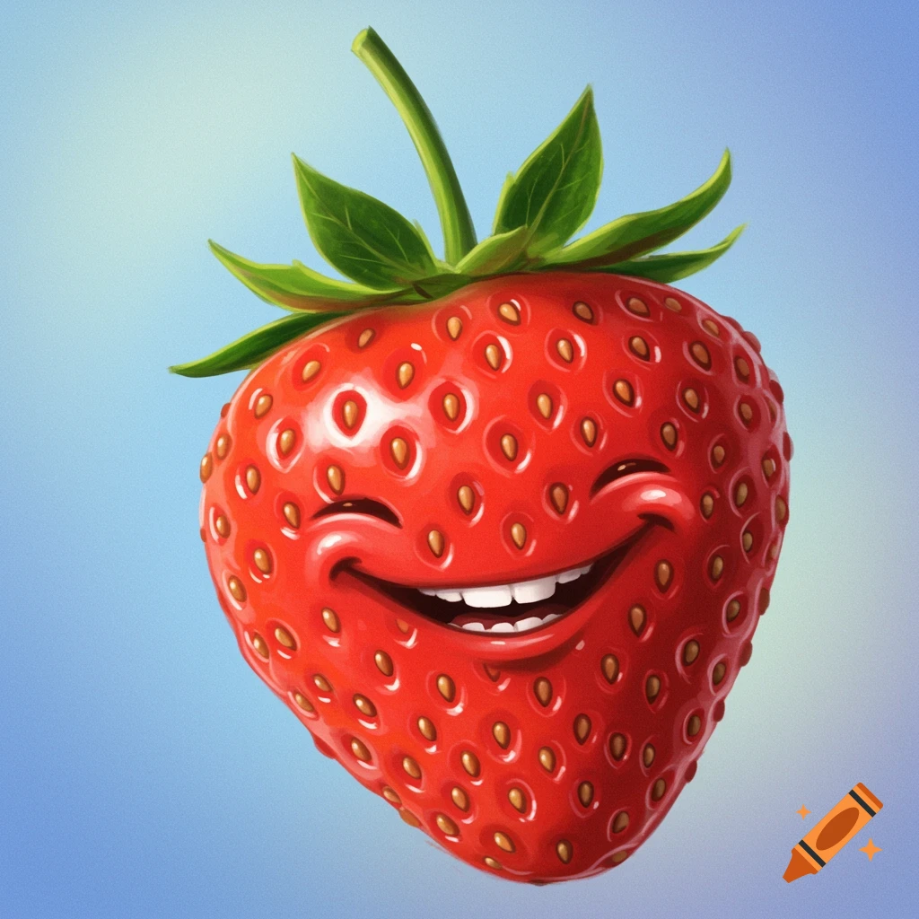 Happy cartoon strawberry against a blue background.