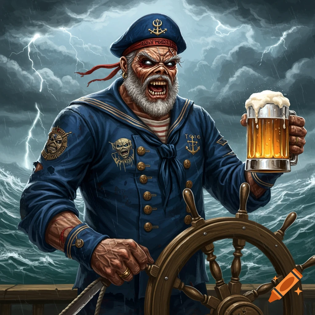 A monstrous sailor clutches a beer and a ship's wheel amidst a raging storm.