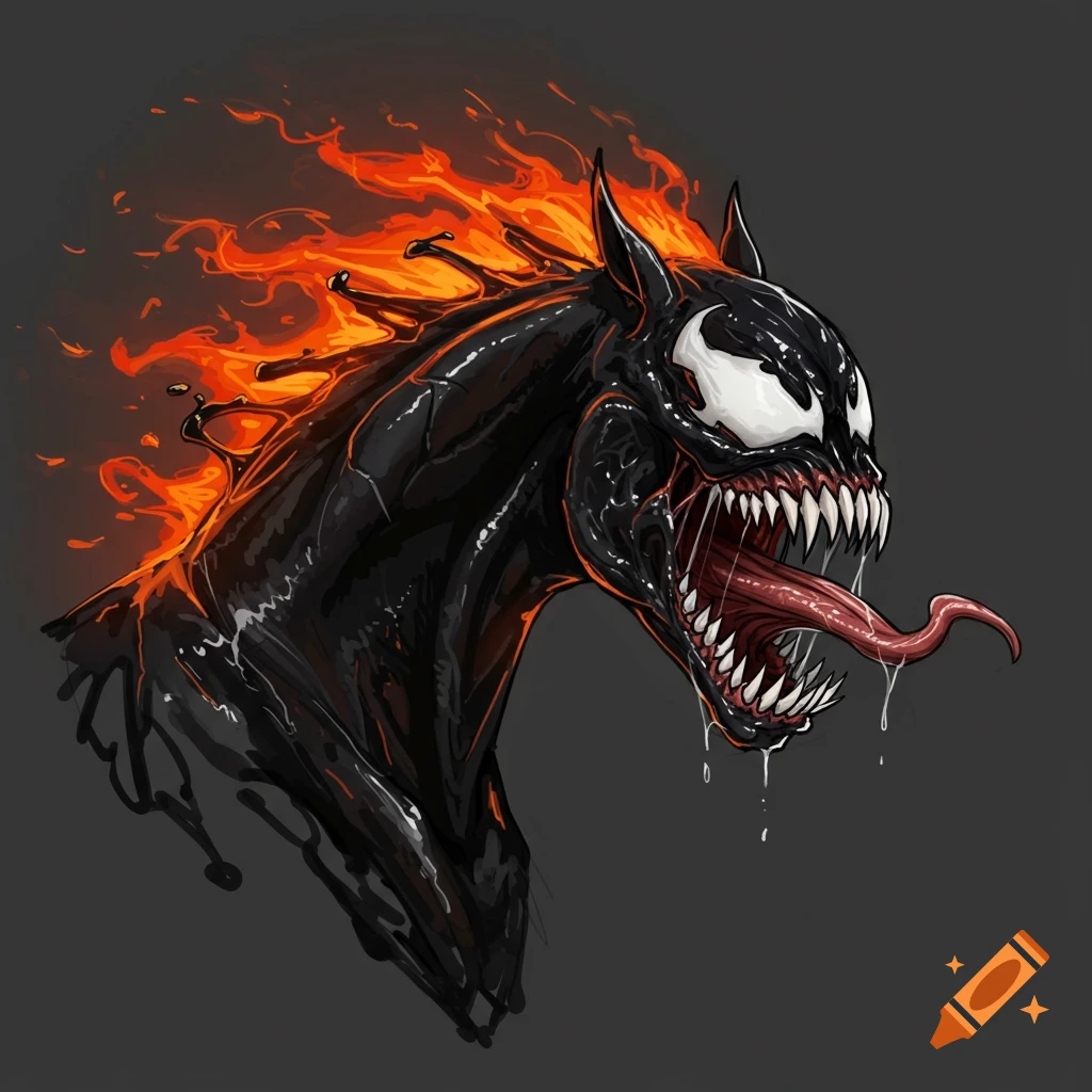 Stylized image of a horse head mixed with Venom symbiote, with flames on its head.