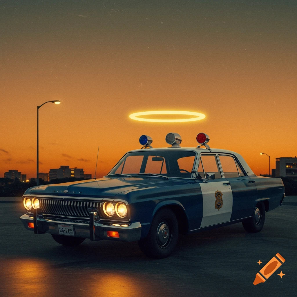 A police car with a halo on top at sunset